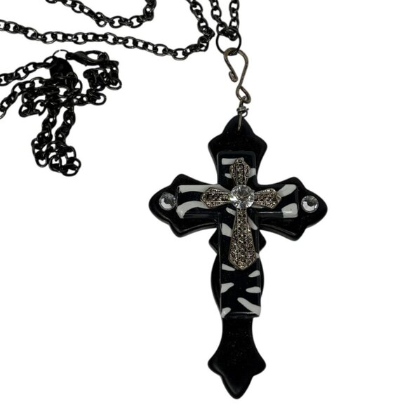 Y2K Long Cross Necklace Zebra Print Black and White - Picture 1 of 5